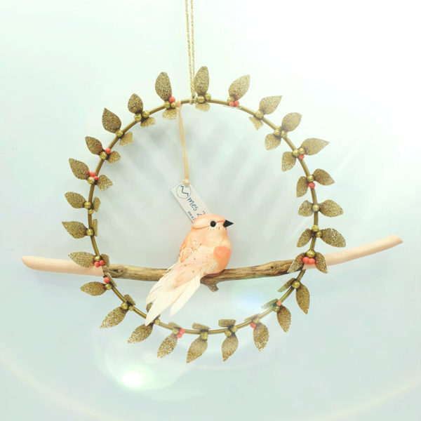 couronne oiseau diamètre 15cm feuillage papier pailleté or